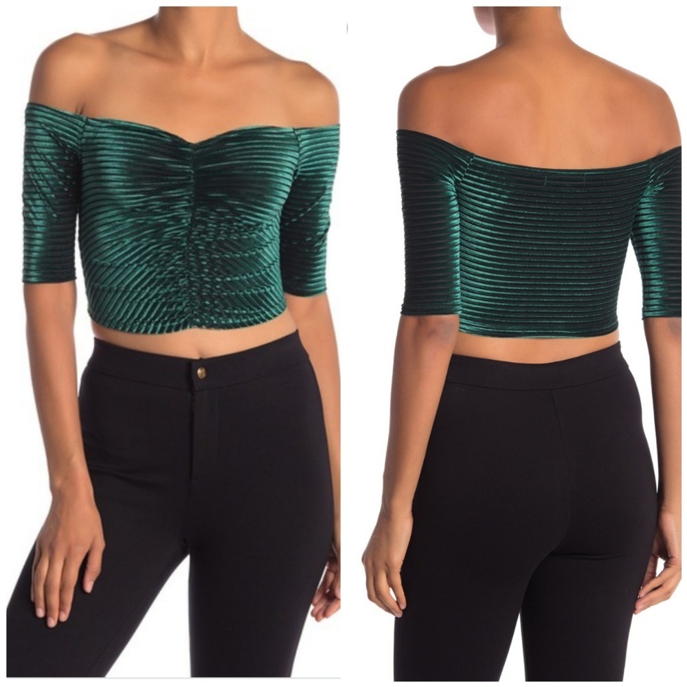 New Fanco Green Velvet Striped Crop Top